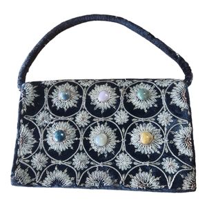 Handmade Ornate Jeweled Stone Detailed Velvet Top Handle Mini Bag Clutch